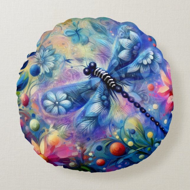 Whimsical Abstract Dragonfly Floral Teal Blue Pink Round Pillow (Front)