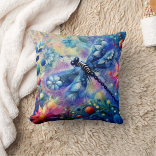 Whimsical Abstract Dragonfly Floral Teal Blue Pink Throw Pillow