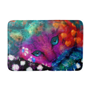 Whimsical Abstract Dreamy Kitty Cat Teal Purple Bath Mat