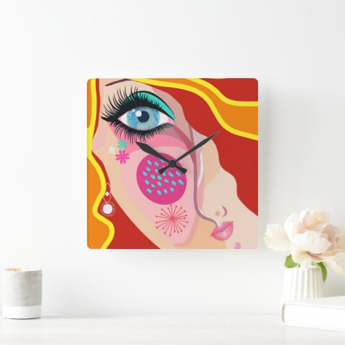 Whimsical Abstract Face Eye Red Yellow Patterns Square Wall Clock