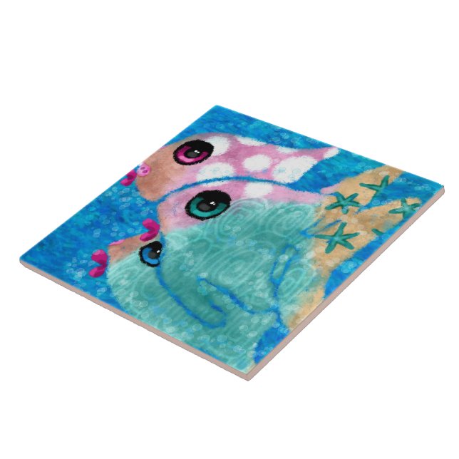Whimsical Abstract Fish Beach Nautical Teal Pink Ceramic Tile (Side)