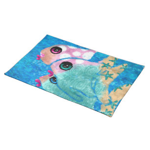 Whimsical Abstract Fish Nautical Coastal Teal Pink Cloth Placemat
