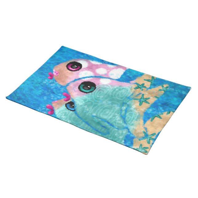 Whimsical Abstract Fish Nautical Coastal Teal Pink Cloth Placemat (On Table)