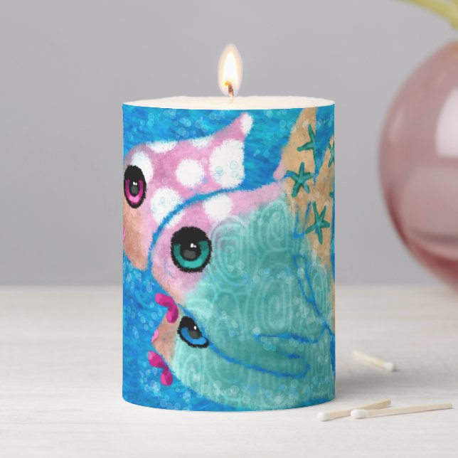 Whimsical Abstract Fish Nautical Coastal Teal Pink Pillar Candle (In Situ)