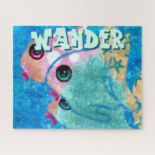 Whimsical Abstract Fish Trio Blue Personalized Jigsaw Puzzle