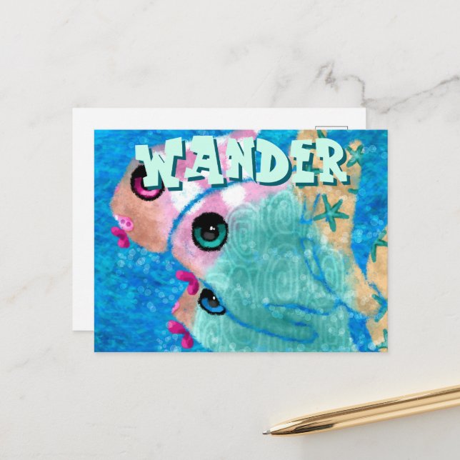 Whimsical Abstract Fish Trio Blue Personalized Postcard (Front/Back In Situ)