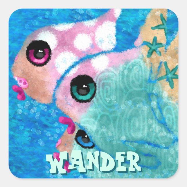 Whimsical Abstract Fish Trio Blue Personalized Square Sticker (Front)