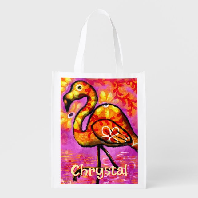  Whimsical Abstract Flamingo Bird Personalized Grocery Bag (Front)