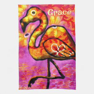 Whimsical Abstract Flamingo Bird Personalized Kitchen Towel