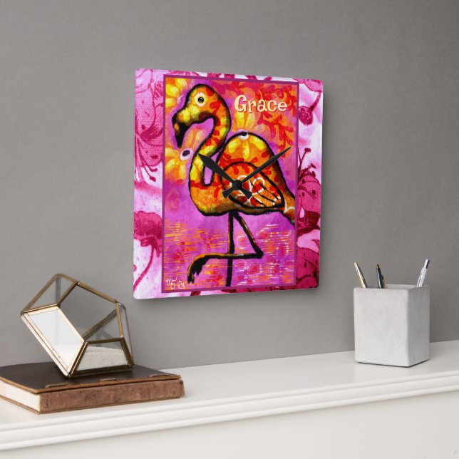  Whimsical Abstract Flamingo Bird Personalized Square Wall Clock (Office)