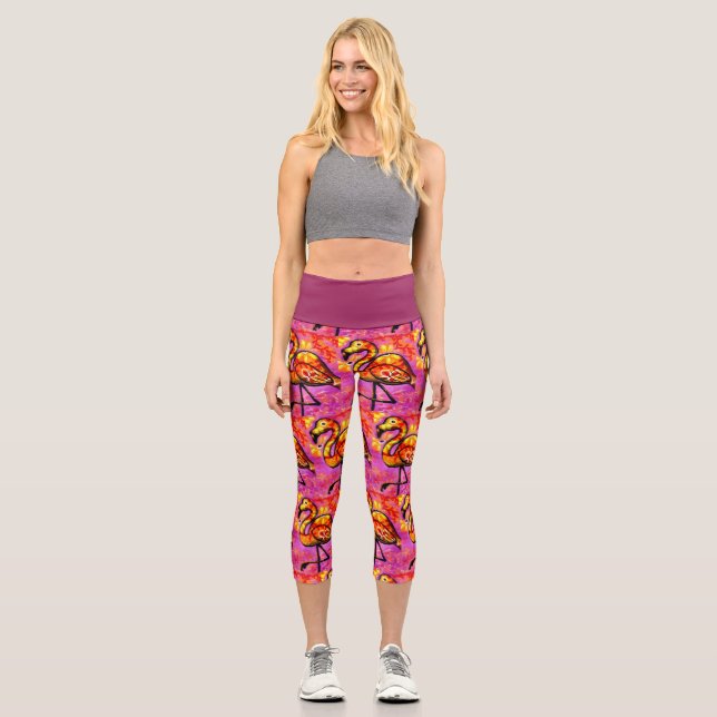 Whimsical Abstract Flamingo Pink Orange Floral Capri Leggings (Front)