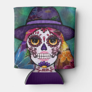 Whimsical Abstract Floral Hippie Sugar Skull Can Cooler