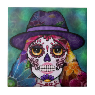 Whimsical Abstract Floral Hippie Sugar Skull Ceramic Tile