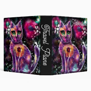 Whimsical Abstract Floral Kitty Cat Black Pink 3 Ring Binder