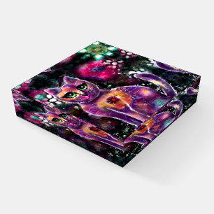 Whimsical Abstract Floral Kitty Cat Black Pink Paperweight