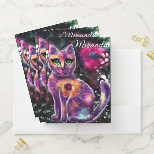 Whimsical Abstract Floral Kitty Cat Black Pink Pocket Folder