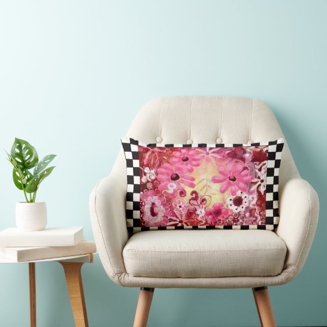 Whimsical Abstract Floral Painting Art Pink Red Lumbar Pillow (Chair)