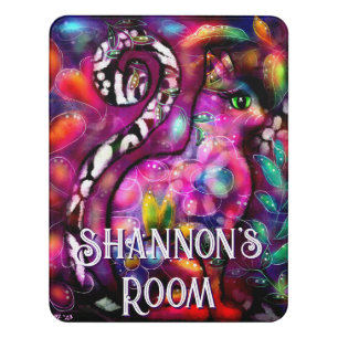 Whimsical Abstract Kitty Cat Floral Personalized Door Sign