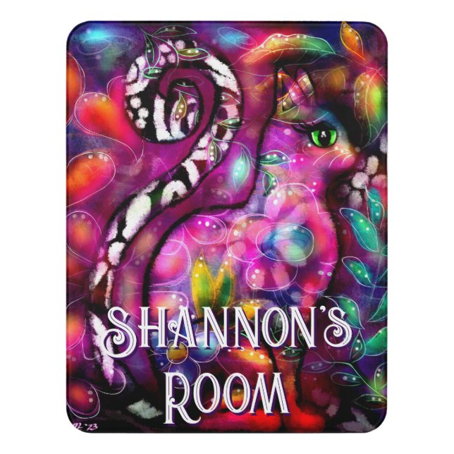 Whimsical Abstract Kitty Cat Floral Personalized Door Sign (Contemporary Vert)