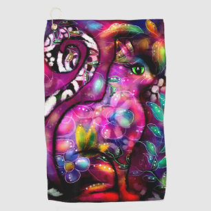 Whimsical Abstract Kitty Cat Floral Red Green Pink Golf Towel