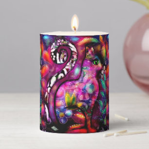 Whimsical Abstract Kitty Cat Floral Red Green Pink Pillar Candle