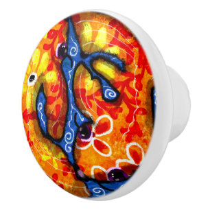 Whimsical Abstract Koi Fish Blue Orange Floral Ceramic Knob