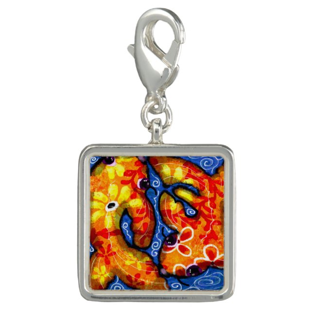 Whimsical Abstract Koi Goldfish Orange Blue Floral Charm (Front)