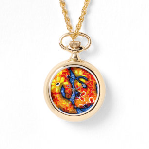 Whimsical Abstract Koi Goldfish Orange Blue Floral Watch