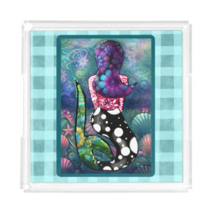 Whimsical Abstract Mermaid Nautical Teal Seashells Acrylic Tray