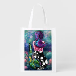 Whimsical Abstract Mermaid Nautical Teal Seashells Grocery Bag