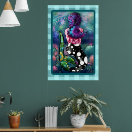 Whimsical Abstract Mermaid Nautical Teal Seashells Poster