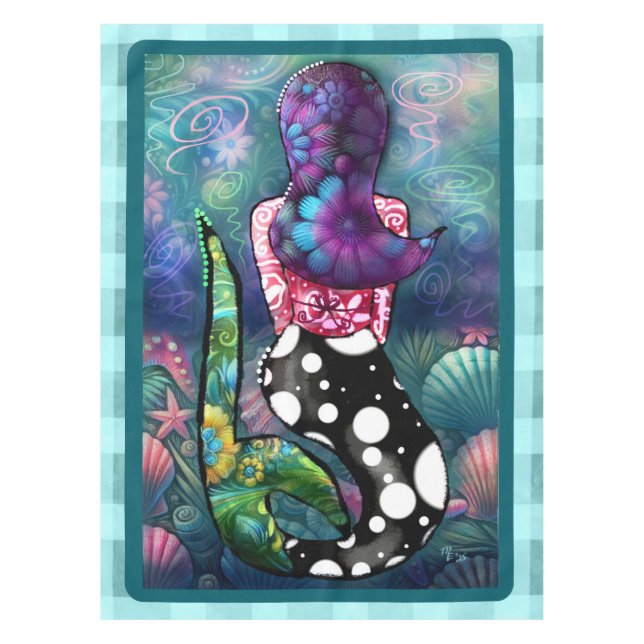 Whimsical Abstract Mermaid Nautical Teal Seashells Tablecloth (Front)