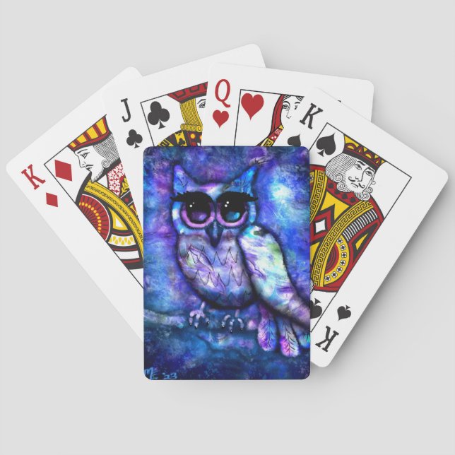 Whimsical Abstract Owl Big-Eyed Blue Purple Poker Cards (Back)