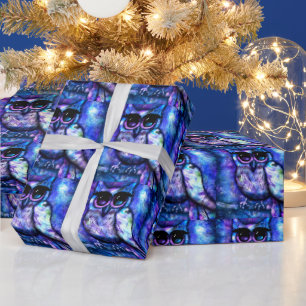 Whimsical Abstract Owl Bird Big-Eyes Blue Owls Wrapping Paper