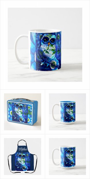 Whimsical Abstract Owl Blue Green Floral 