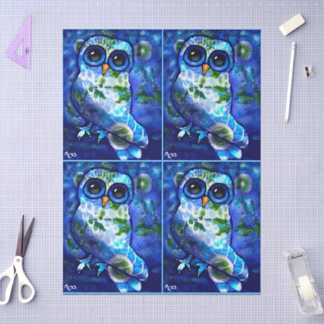 Whimsical Abstract Owl Blue Green Floral Decoupage Tissue Paper (Craft)