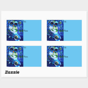 Whimsical Abstract Owl Blue Green Floral Rectangular Sticker