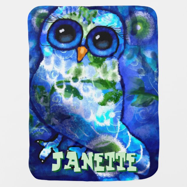 Whimsical Abstract Owl Blue Green Personalized Baby Blanket (Front)