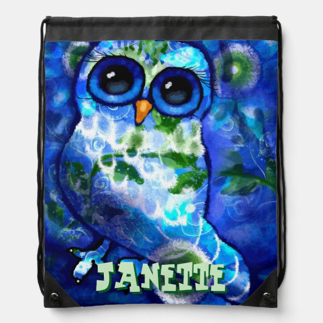 Whimsical Abstract Owl Blue Green Personalized Drawstring Bag (Front)