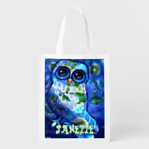 Whimsical Abstract Owl Blue Green Personalized Grocery Bag