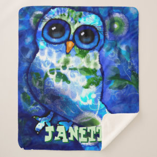 Whimsical Abstract Owl Blue Green Personalized Sherpa Blanket