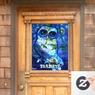 Whimsical Abstract Owl Blue Green Personalized Window Cling