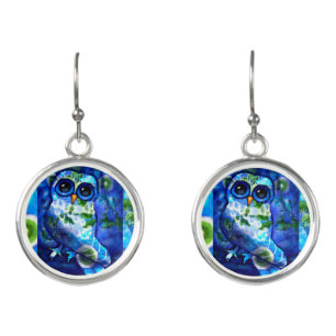 Whimsical Abstract Owl Floral Flower Blue Green Earrings