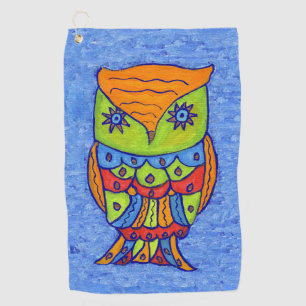 Whimsical Abstract Owl Green Face Star Eyes Blue Golf Towel