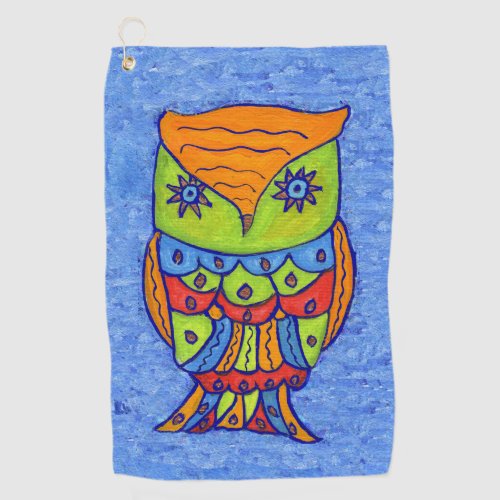 Whimsical Abstract Owl Green Face Star Eyes Blue Golf Towel