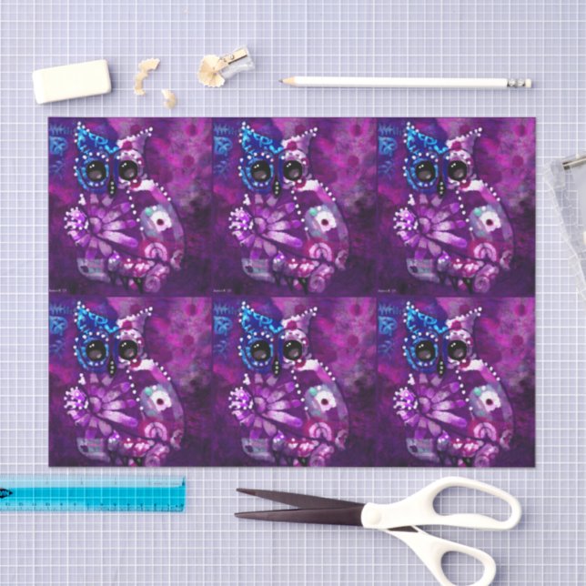 Whimsical Abstract Owl Purple Bird Decoupage Tissue Paper (Craft)