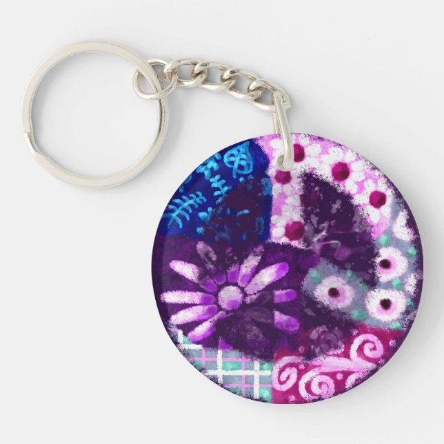 Whimsical Abstract Peace Sign Floral Purple Pink Keychain (Front)