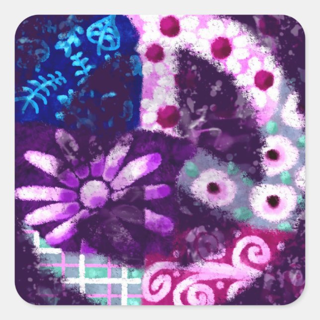 Whimsical Abstract Peace Sign Floral Purple Pink Square Sticker (Front)