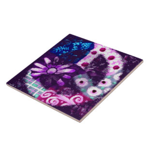 Whimsical Abstract Peace Sign Floral Purple Poster Ceramic Tile