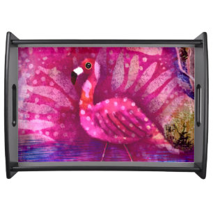 Whimsical Abstract Pink Flamingo Green Purple Serving Tray